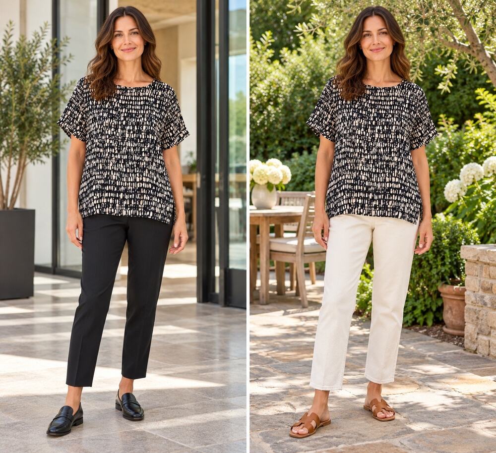 Eileen Fisher Top Womens M 100% Silk Black Cream Abstract Print Short Sleeve